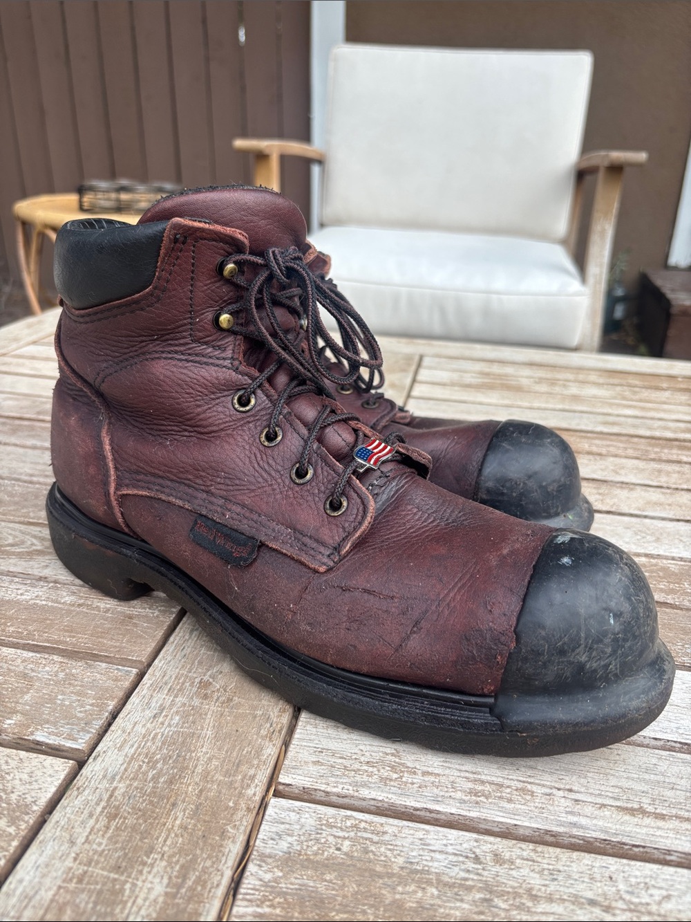 Red Wing Shoes Burgundy Leather Work Boots with Black Safety Toe